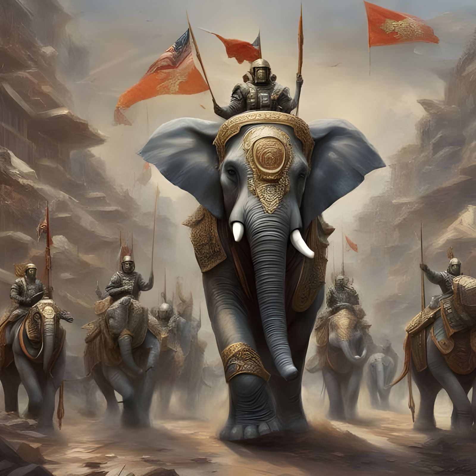 Futuristic Elephant Cavalry Parade in Space Age City