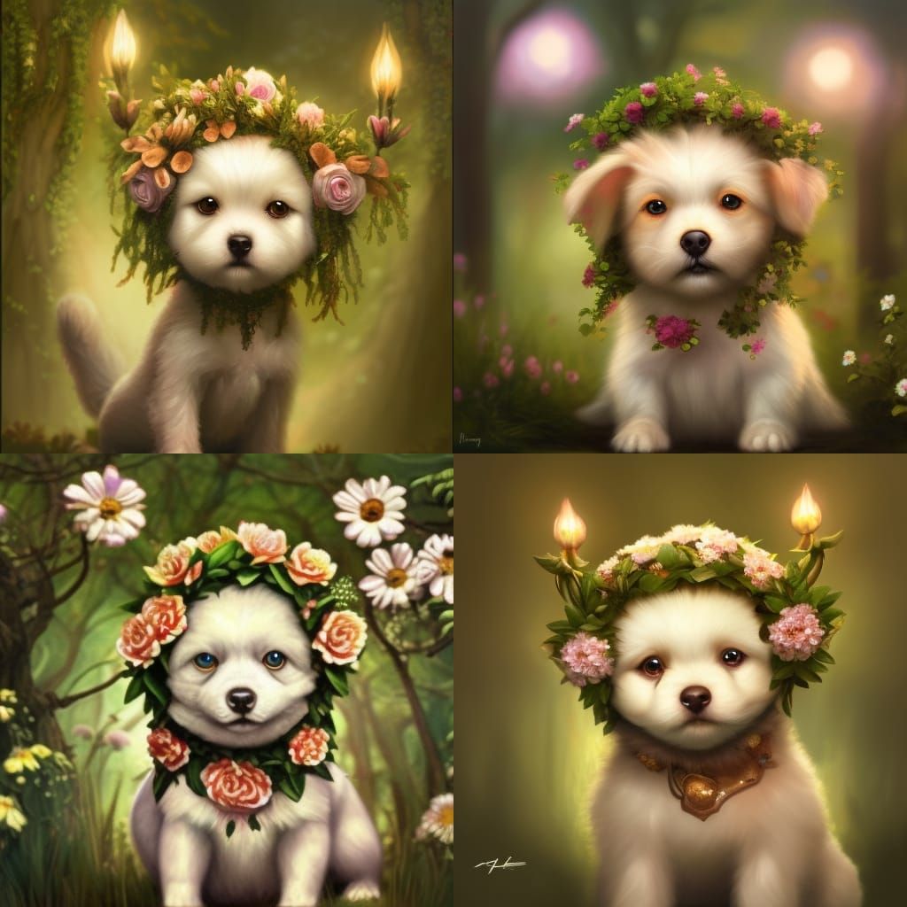 Fantasy Puppy in Dark Forest: Hyper-Realistic Oil Painting