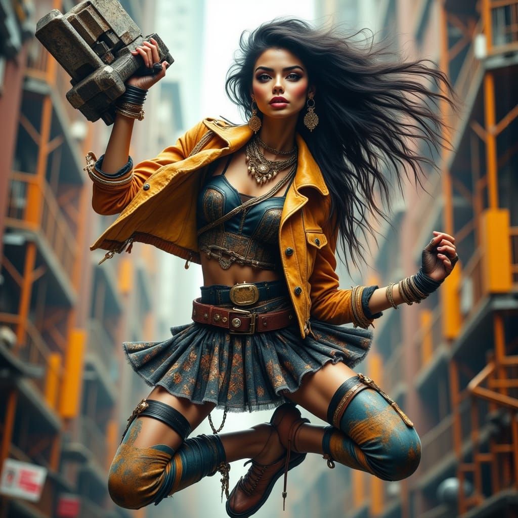 Steam-Powered Street Warrior in Hoop Skirt and Bomber Jacket