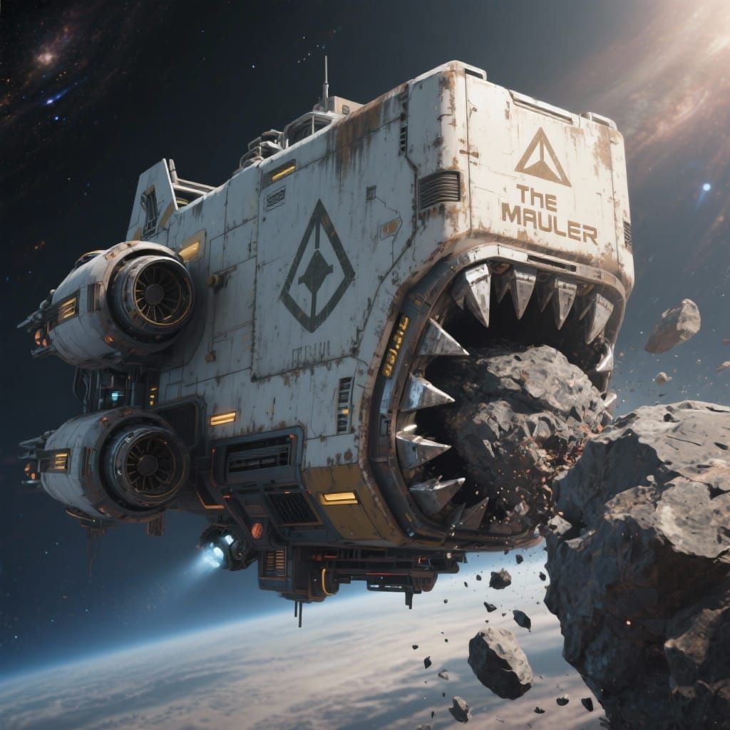 Boxy Spaceship 'The Mauler' Crushes Asteroid in Space
