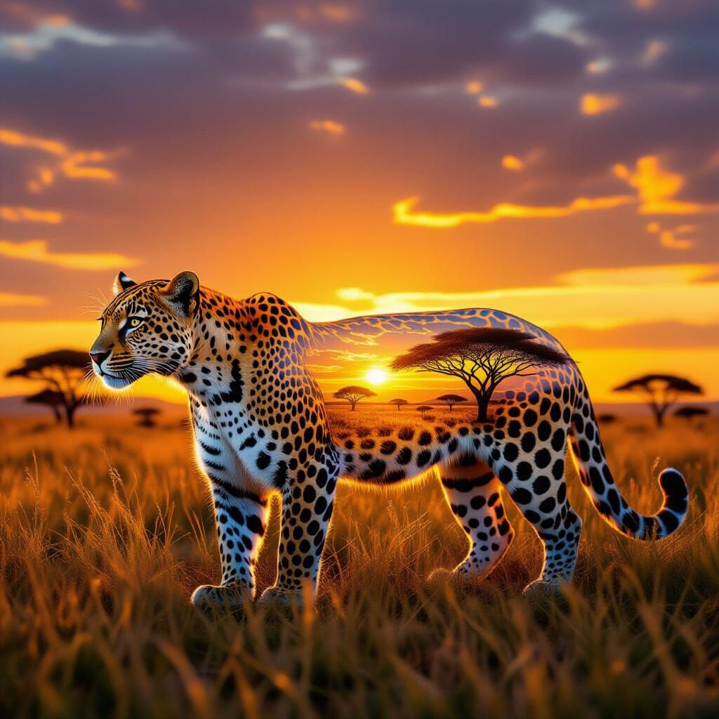 Ethereal Leopard Revealing Dream Savannah at Sunset