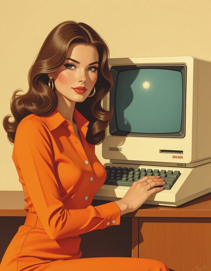 1970s Model with Retro Futuristic Computer in Vintage Ad Sty...