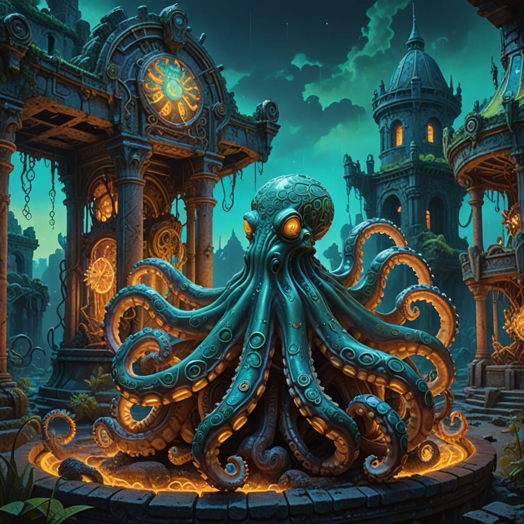 Android Octopus Among Ruins in Neon Glow