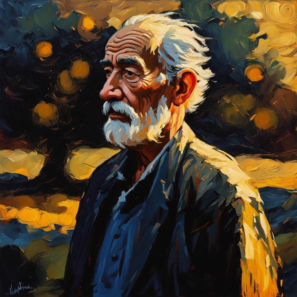 Expressionist Oil Painting Of Old Man In Golden Moonlight