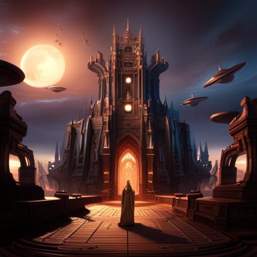 An ancient medieval sculpture operated by an alien with spaceships overhead.