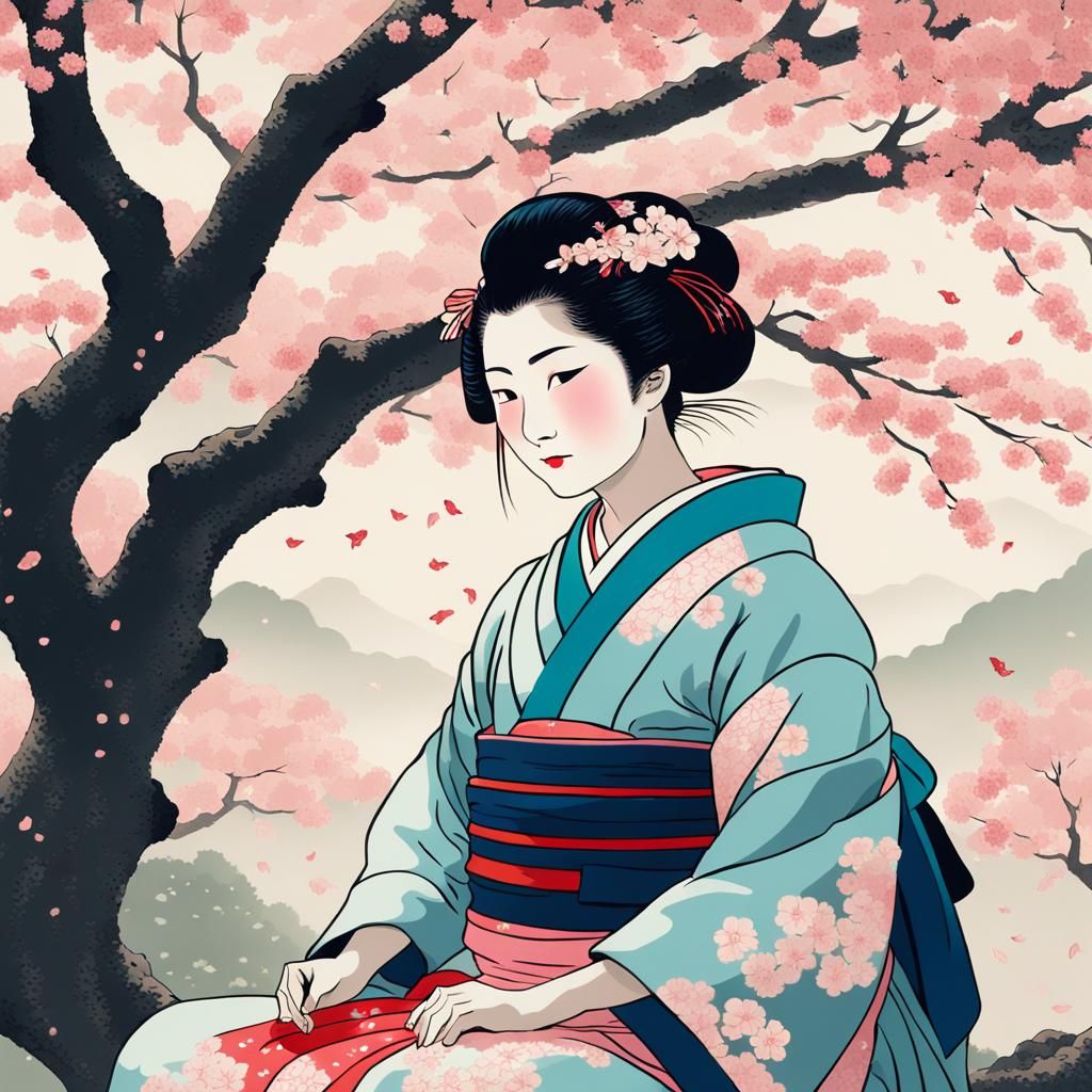 Geisha in Serene Garden: An Ukiyo-e Style Portrait