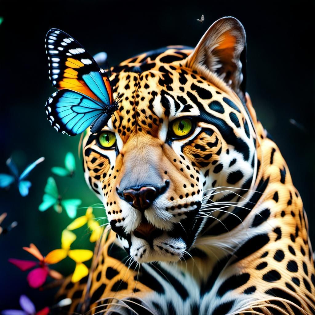 Colorful Butterflies and Jaguar Face Optical Illusion