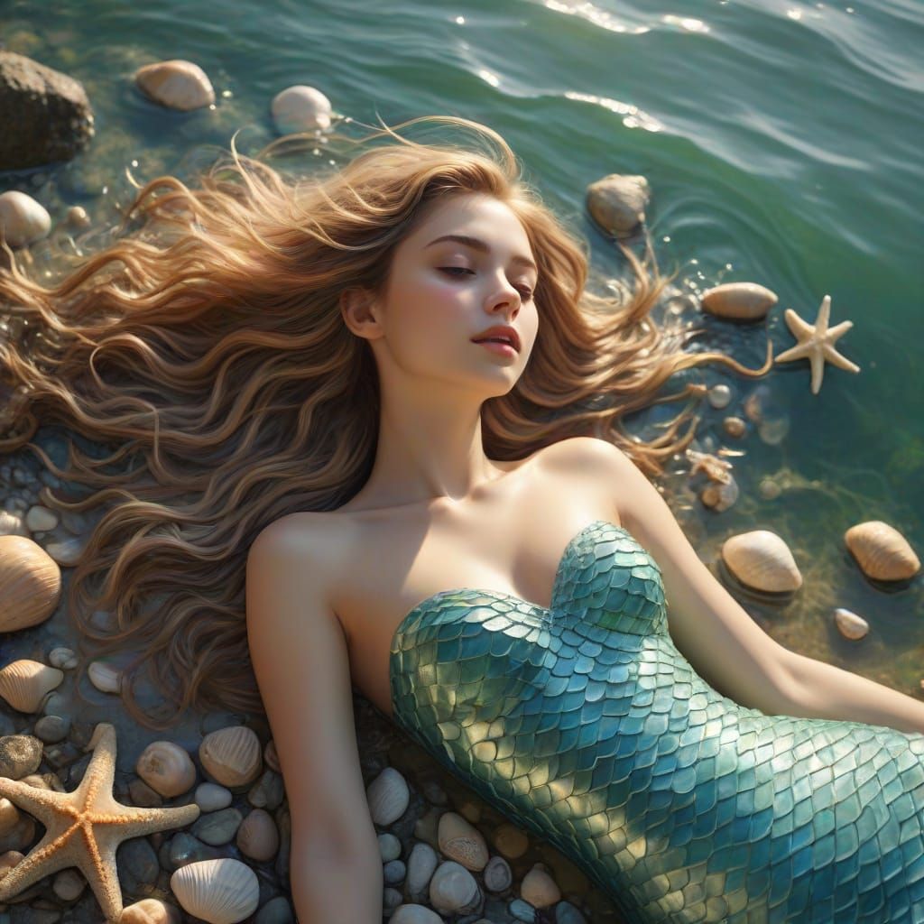 Surreal Mermaid Basks in Golden Oceanic Light