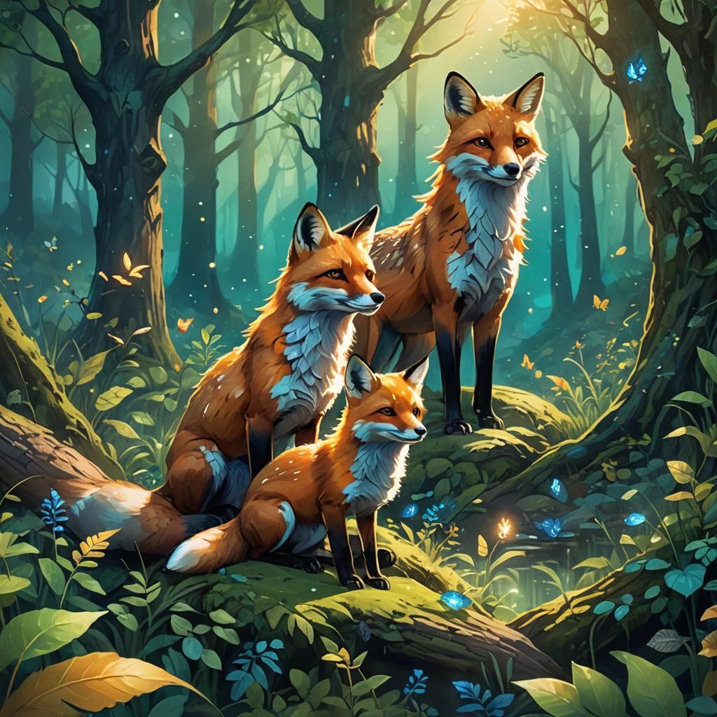 Fox and Cub in Whimsical Forest: Fantasy Concept Art