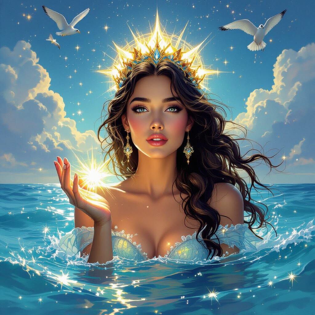 Majestic Mermaid Emerges From Sea with Iridescent Light