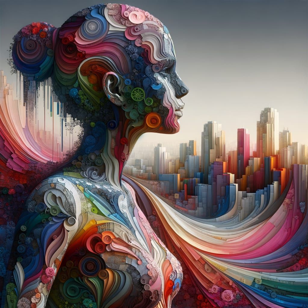 Hyperrealistic Cityscape Woman in Vibrant Fabrics