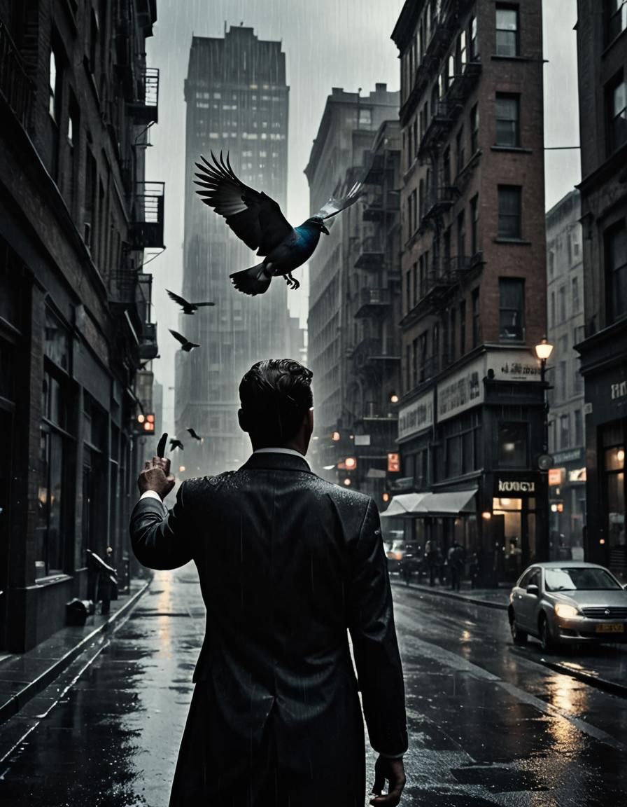 Film Noir: Man Sends Pigeon on Rainy Street