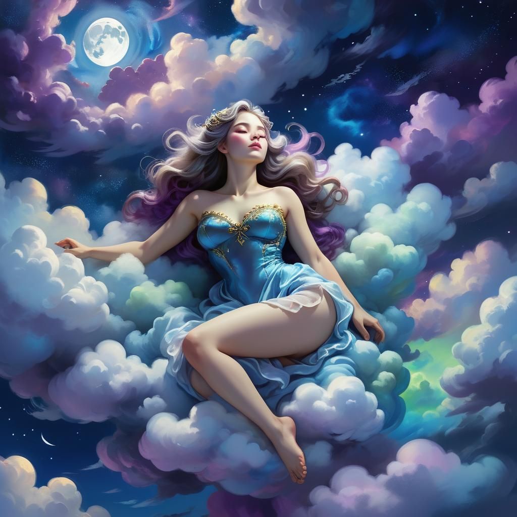 Giant Woman on Clouds in Aurora Sky