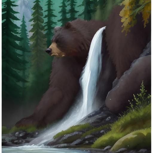 Bear Watching Salmon in British Columbia, Gouache Watercolor...