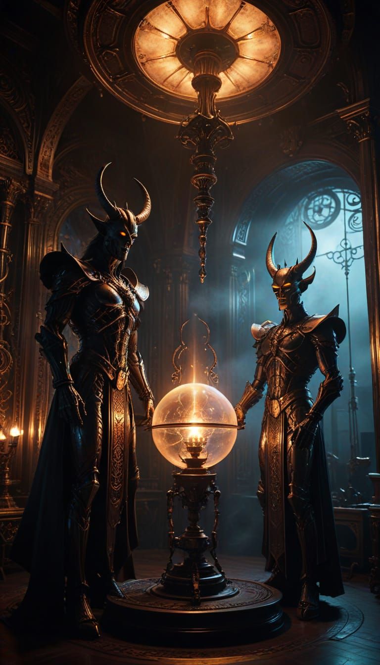 Retrofuturistic Encounter in a Golden-Lit Chamber