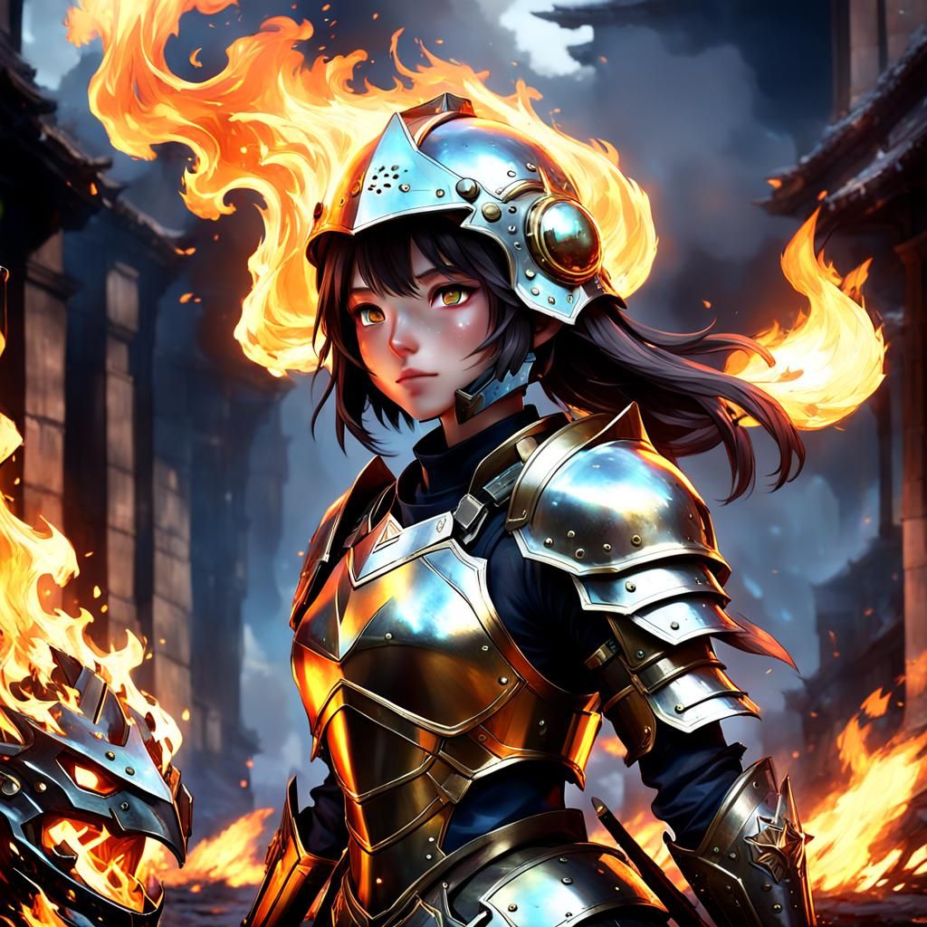 Girl in Enchanted Armor with Flaming Helmet