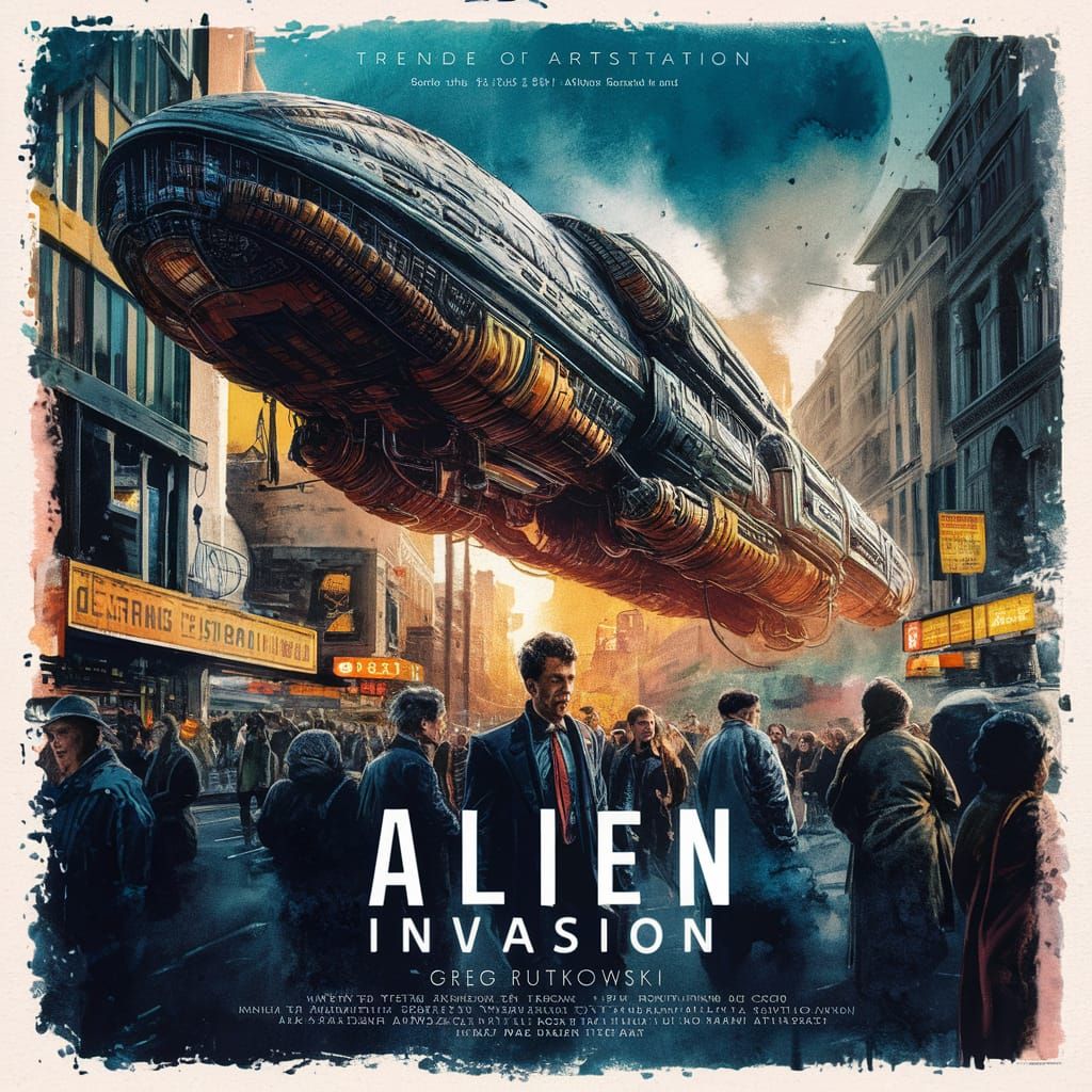 Alien Invasion: 1950s Sci-Fi Movie Poster in Watercolor