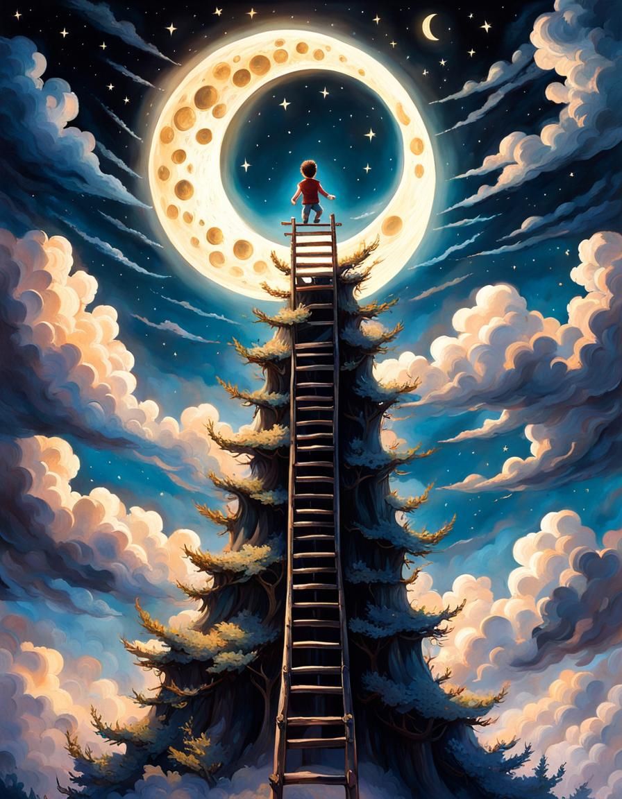 Moonlit Boy's Lunar Ascent: A Surreal Dream