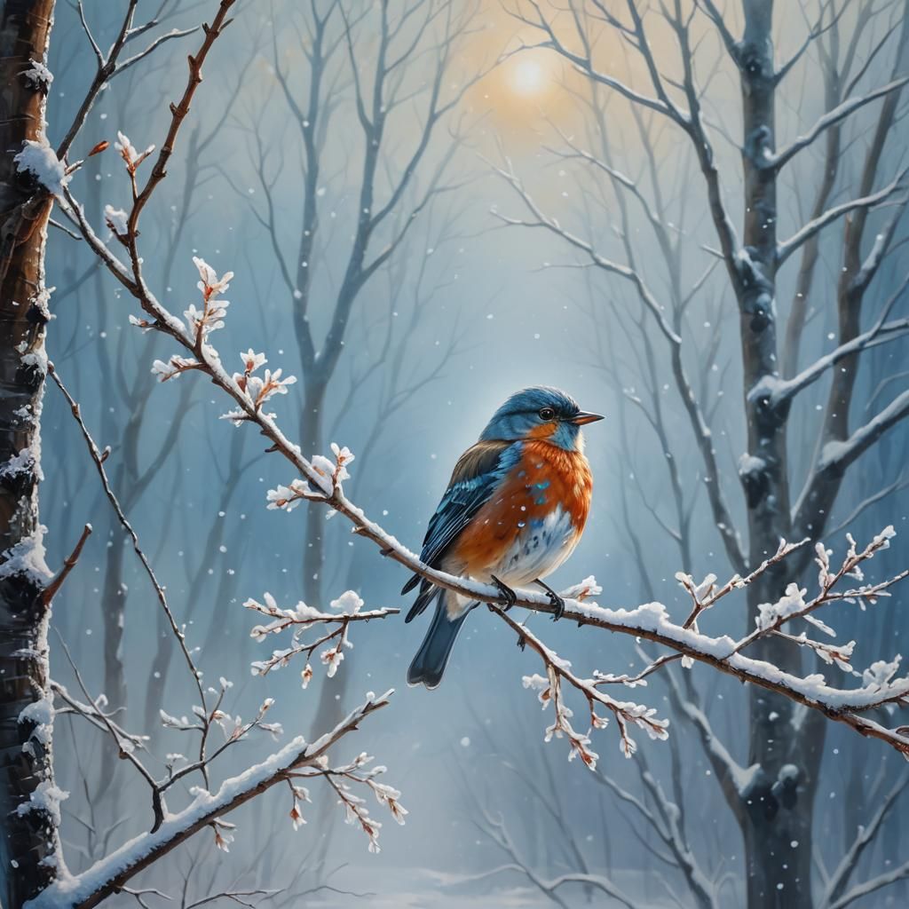Bird on Snowy Branch: Cinematic Oil Painting