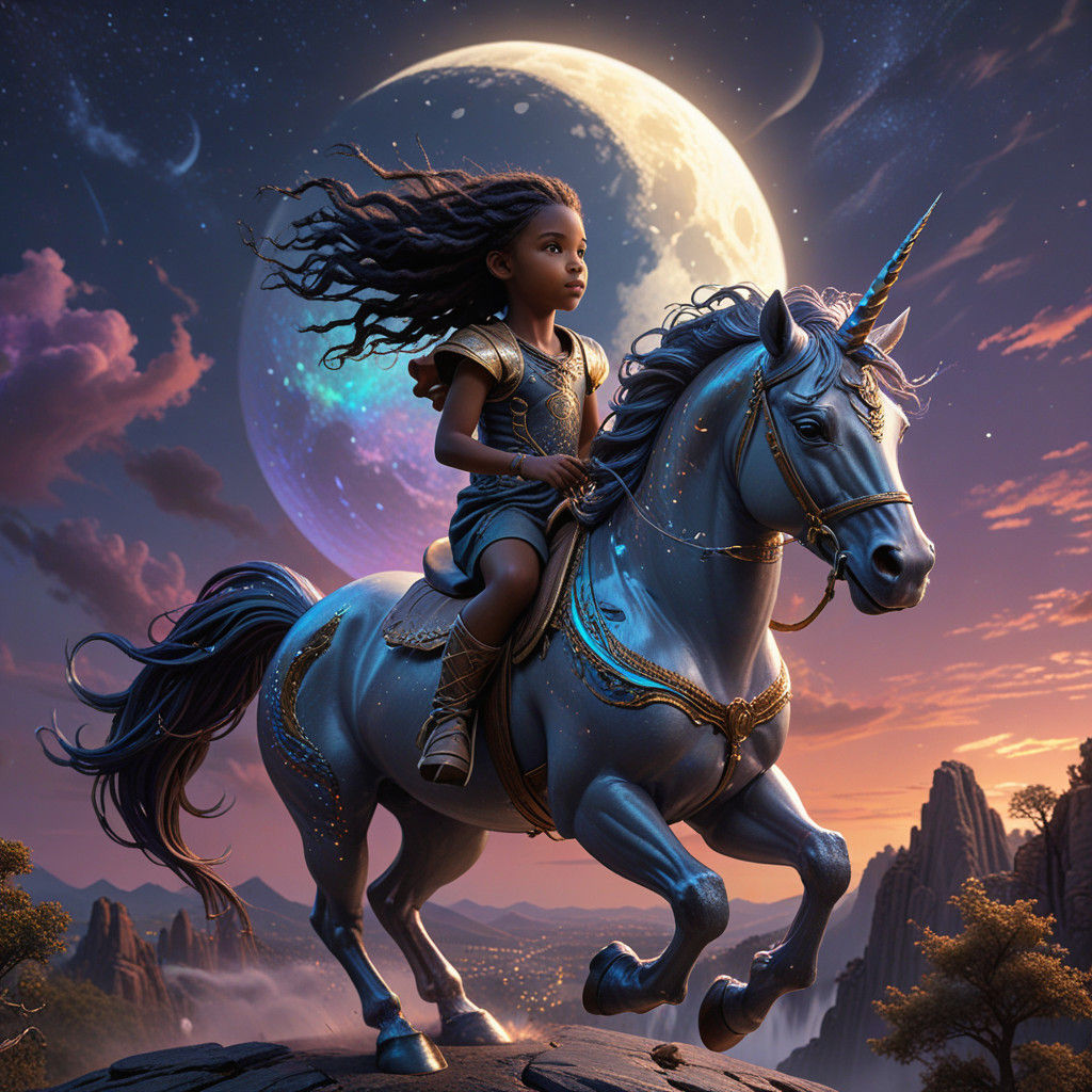 Young Black Girl Rides Unicorn Under Crescent Moon