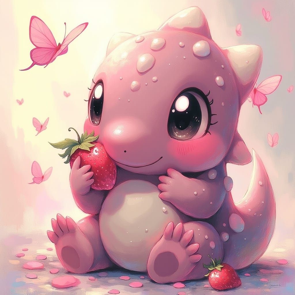Poketto monsta- Pink Godzilla. " I like strawberries"