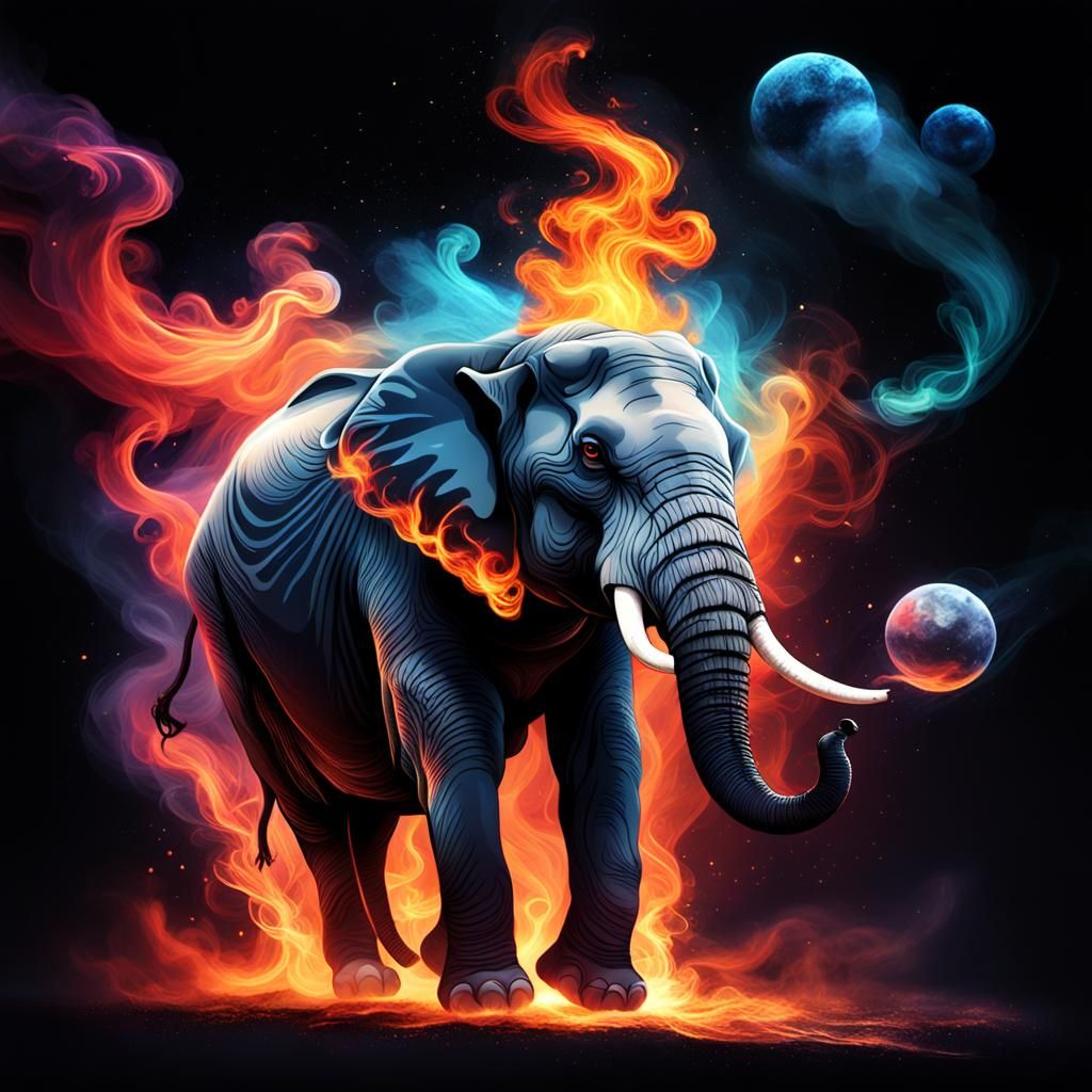 Fiery Elephant Silhouette Soaring Through Space
