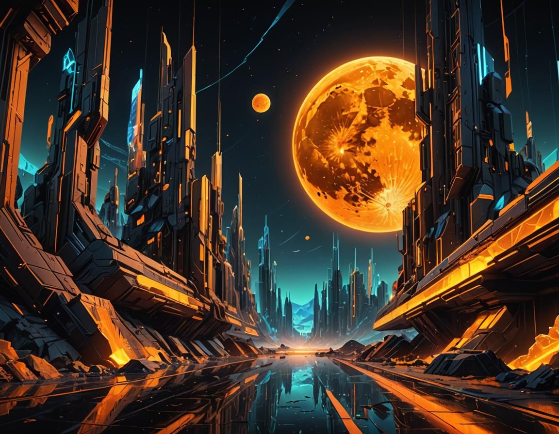 Majestic Crystal Moon with Neon Glow in Digital Art