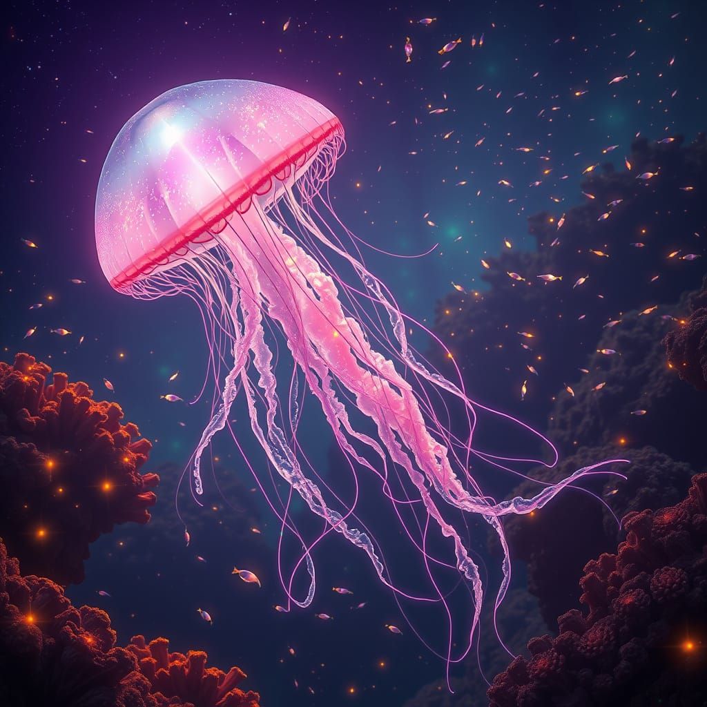Bioluminescent Jellyfish Drifting Through Alien Coral Reef
