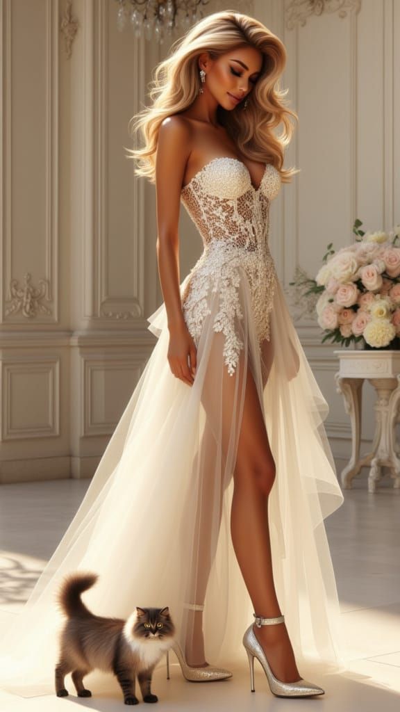 Elegant Woman in Bridal Fashion with Kitten