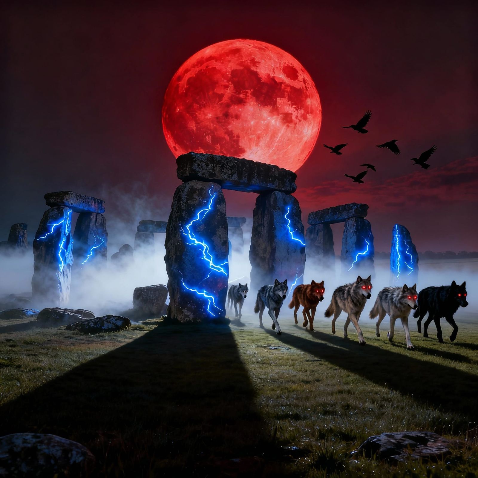 Wolves Walking Through Stonehenge at Dusk