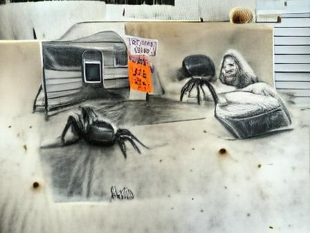 Spider Selling Cockroach Motels at Flea Market