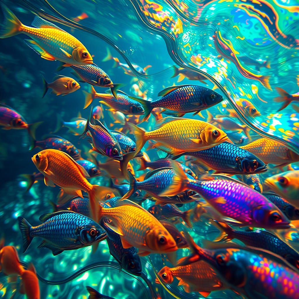 Biomorphic Fish Converge in Iridescent Dance