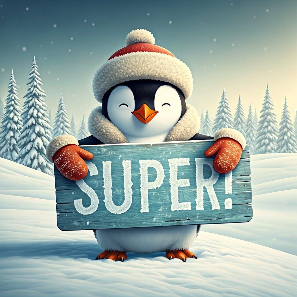 Penguin in Frosty Parka Hugs Distressed Sign in Icy Landscap...