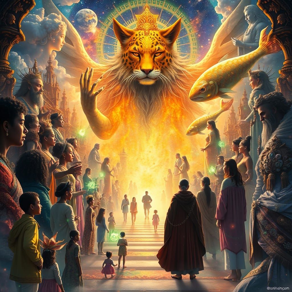 Surreal Dreamscape: Star Grazer God Among Multicultural Figu...