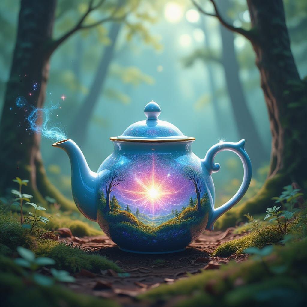 Cosmic Fairy Teapot in Astral Illustration Style