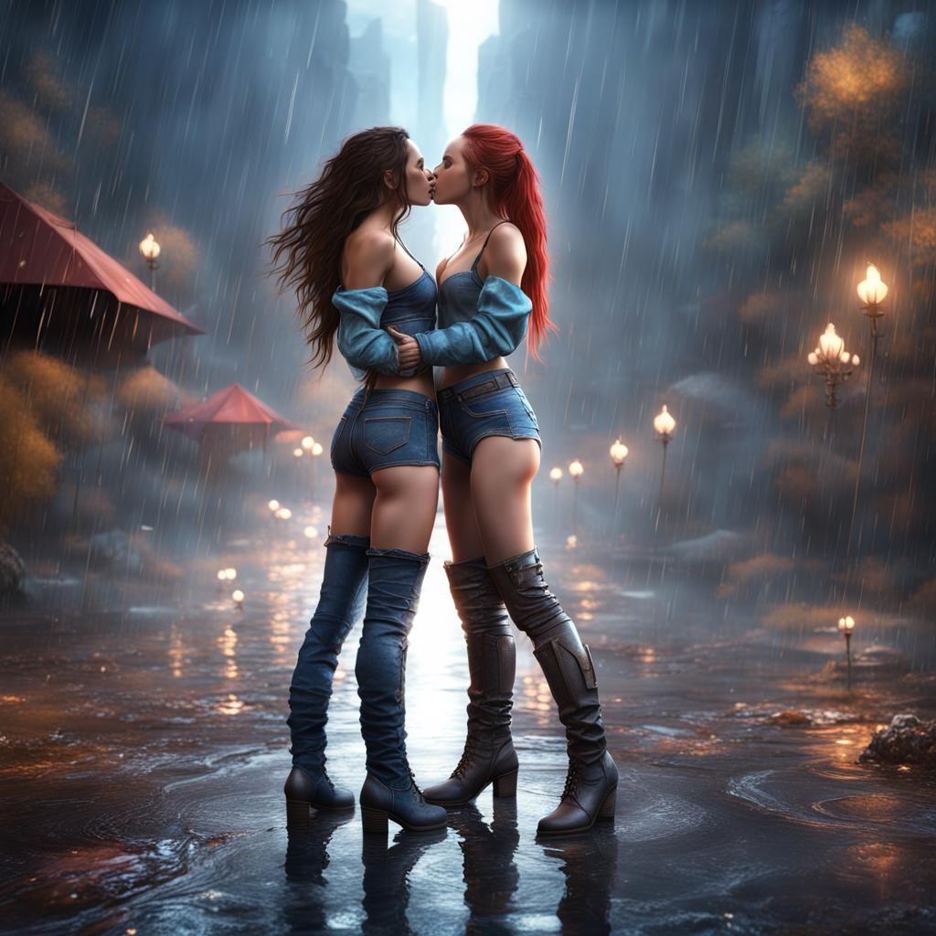 Passionate Kiss in the Rain: Detailed Fantasy Art