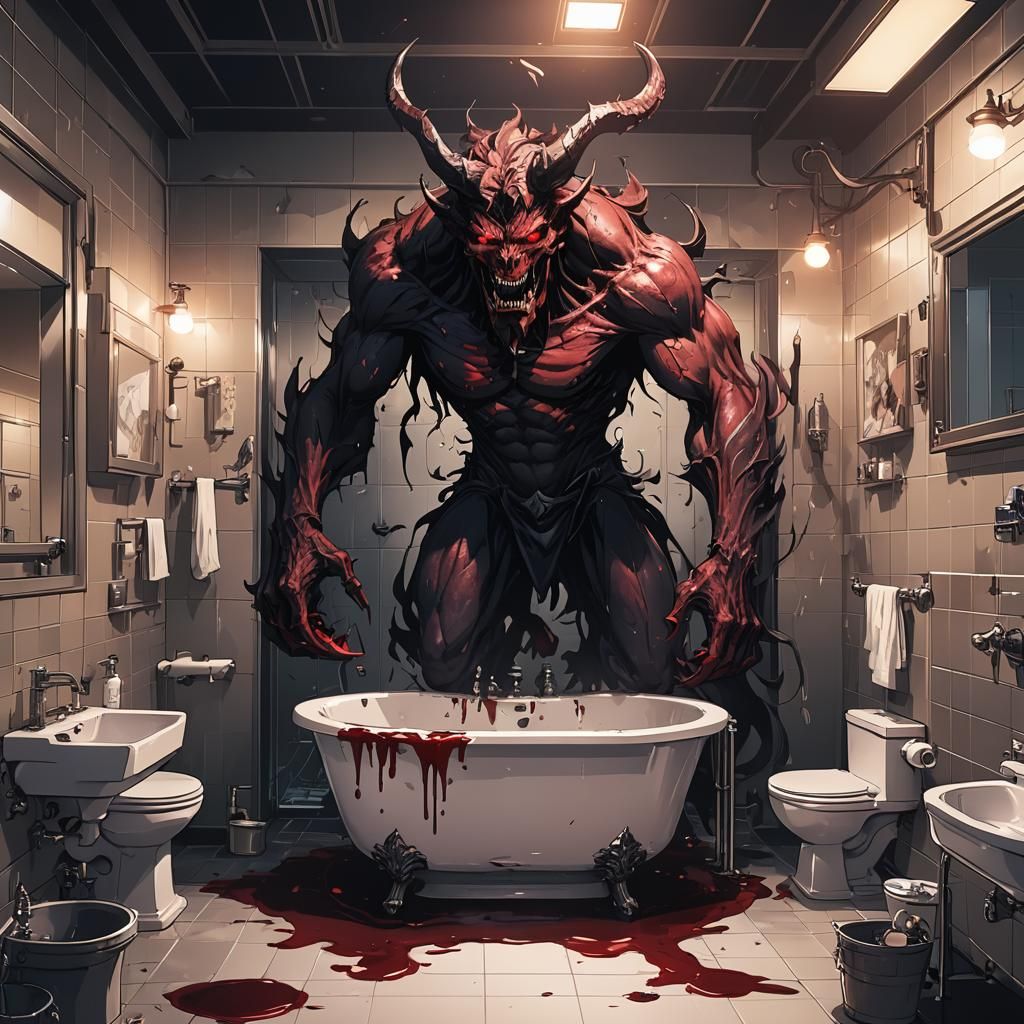 Manga Demon in Bathroom, Cel-Shaded Anime Style