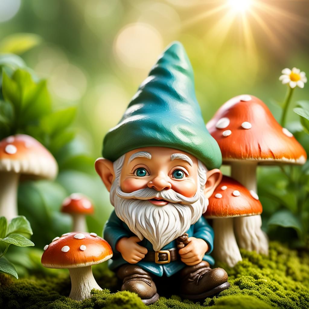 Happy Gnome in Lush Garden: Macro Photography