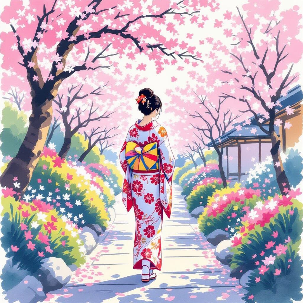 Woman in Kimono in Japanese Flower Garden