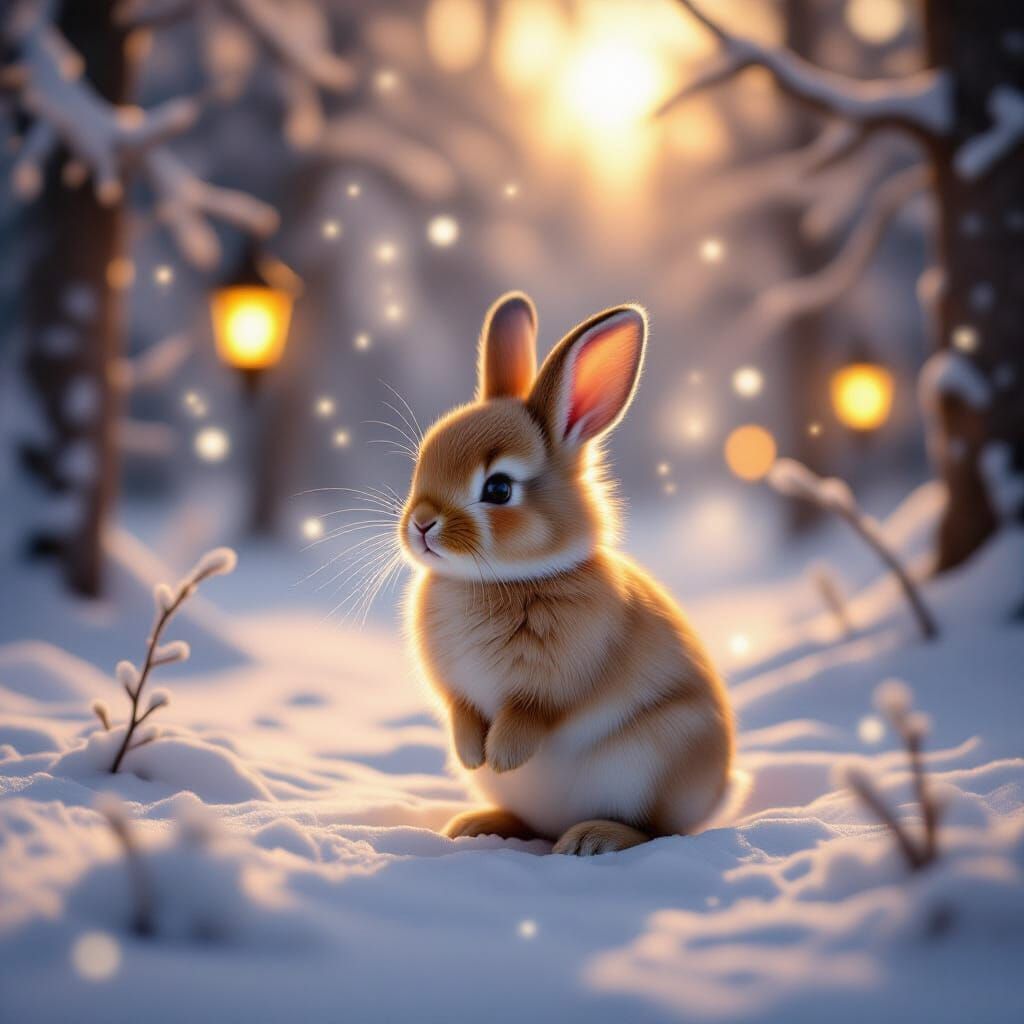 Fluffy Bunny in Misty Forest Clearing with Lanterns