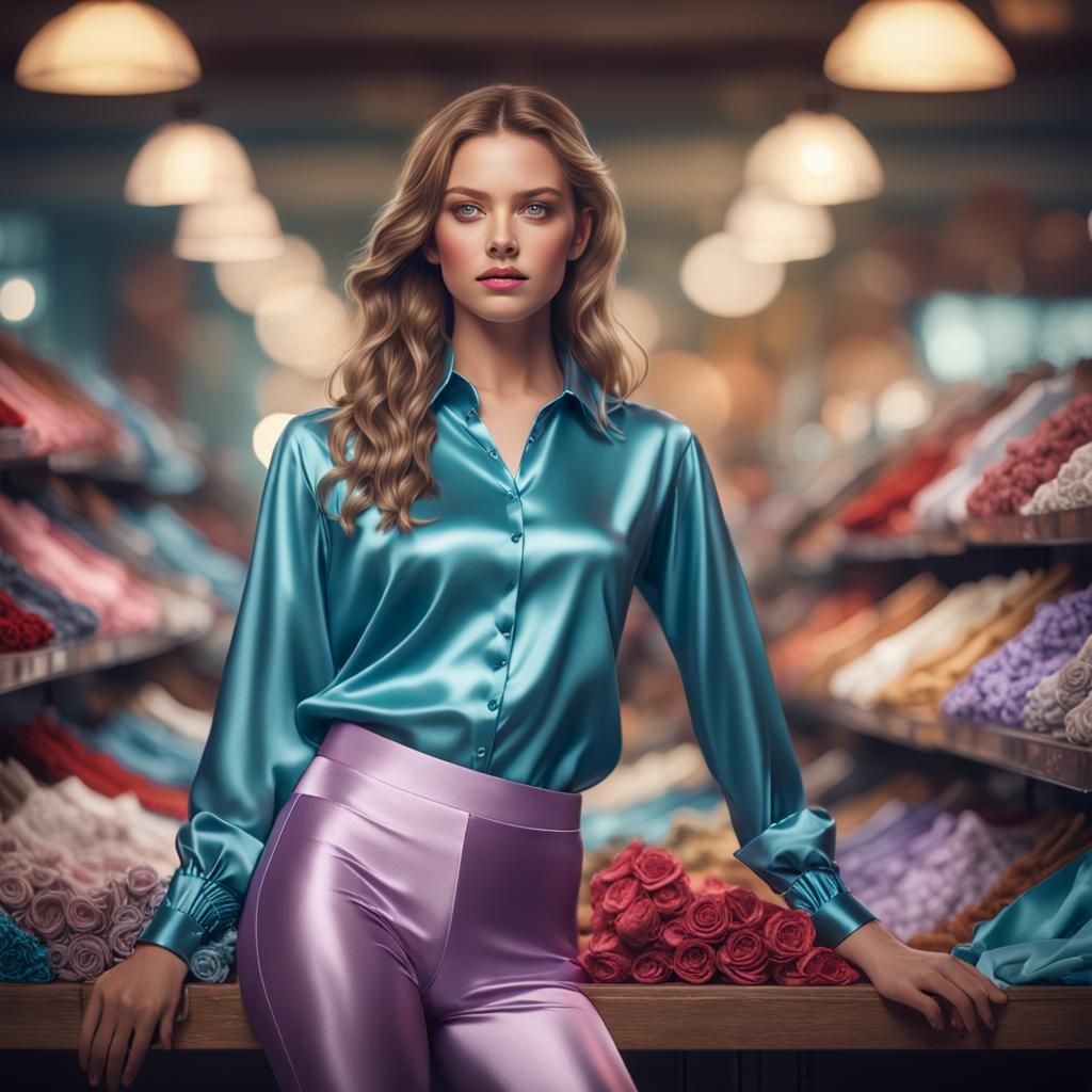 Shop full of satin blouses, satin underwear and shiny leggings, professional photography, bokeh, natural lighting, canon...