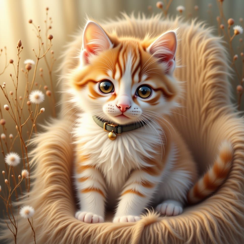 Cute Fluffy Kitten in Cozy Home, Watercolor Sketch Style