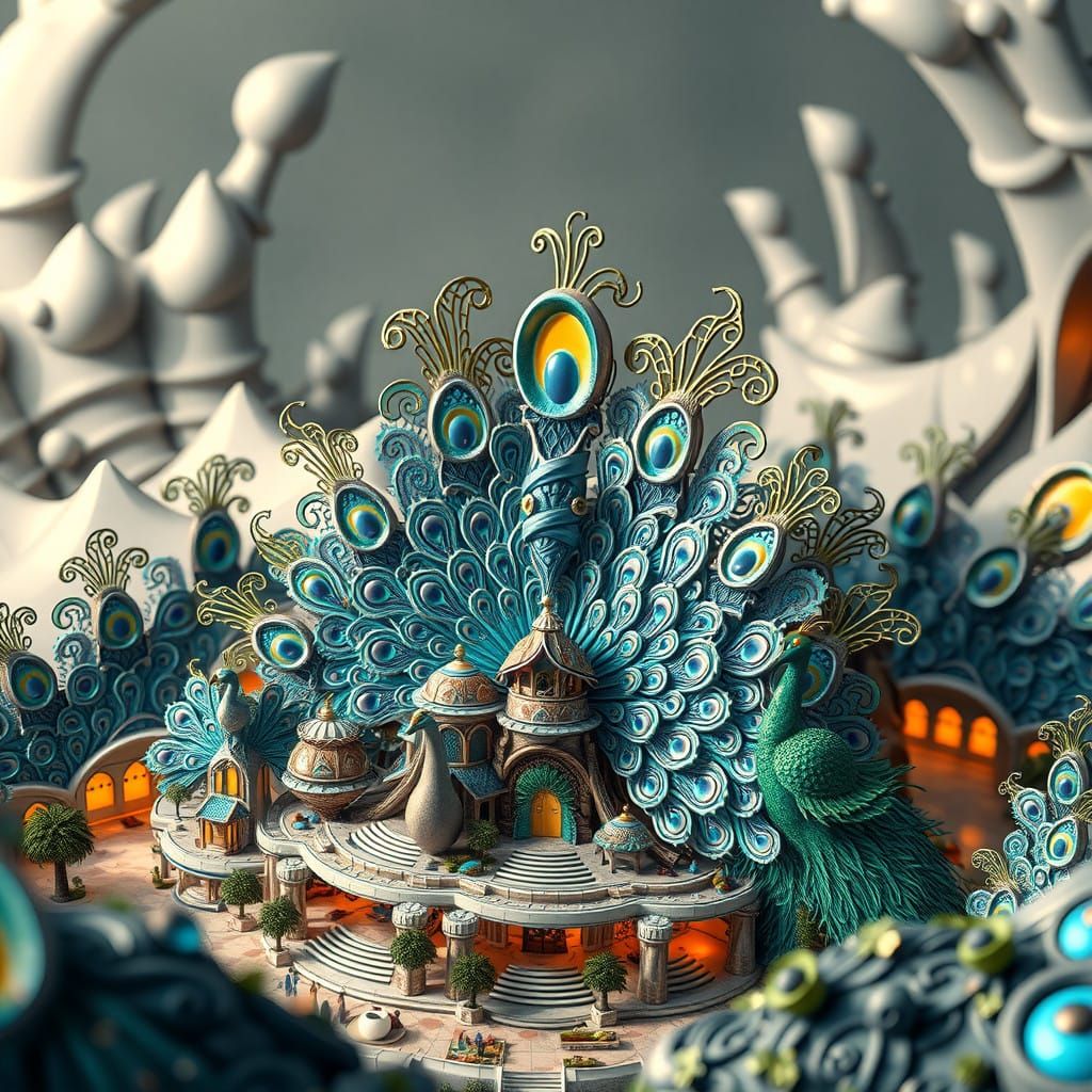 Vibrant Peacock Cityscape in Shimmering Blues and Greens
