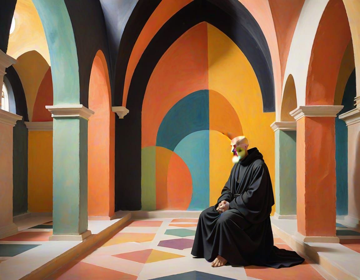 Ascetic Figure Contemplates Colorful Fresco as Abstract Art