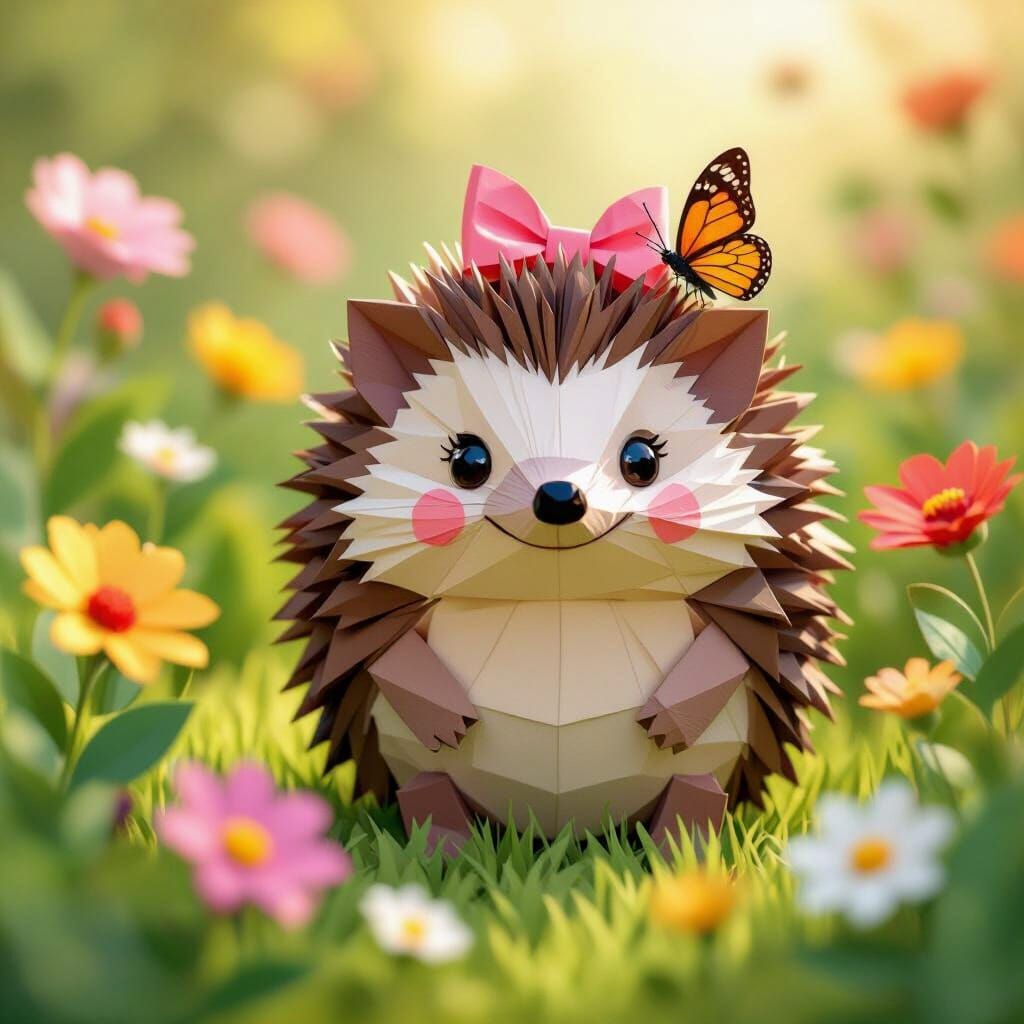 Happy Hedgehog Girl with Butterfly in Sunny Garden