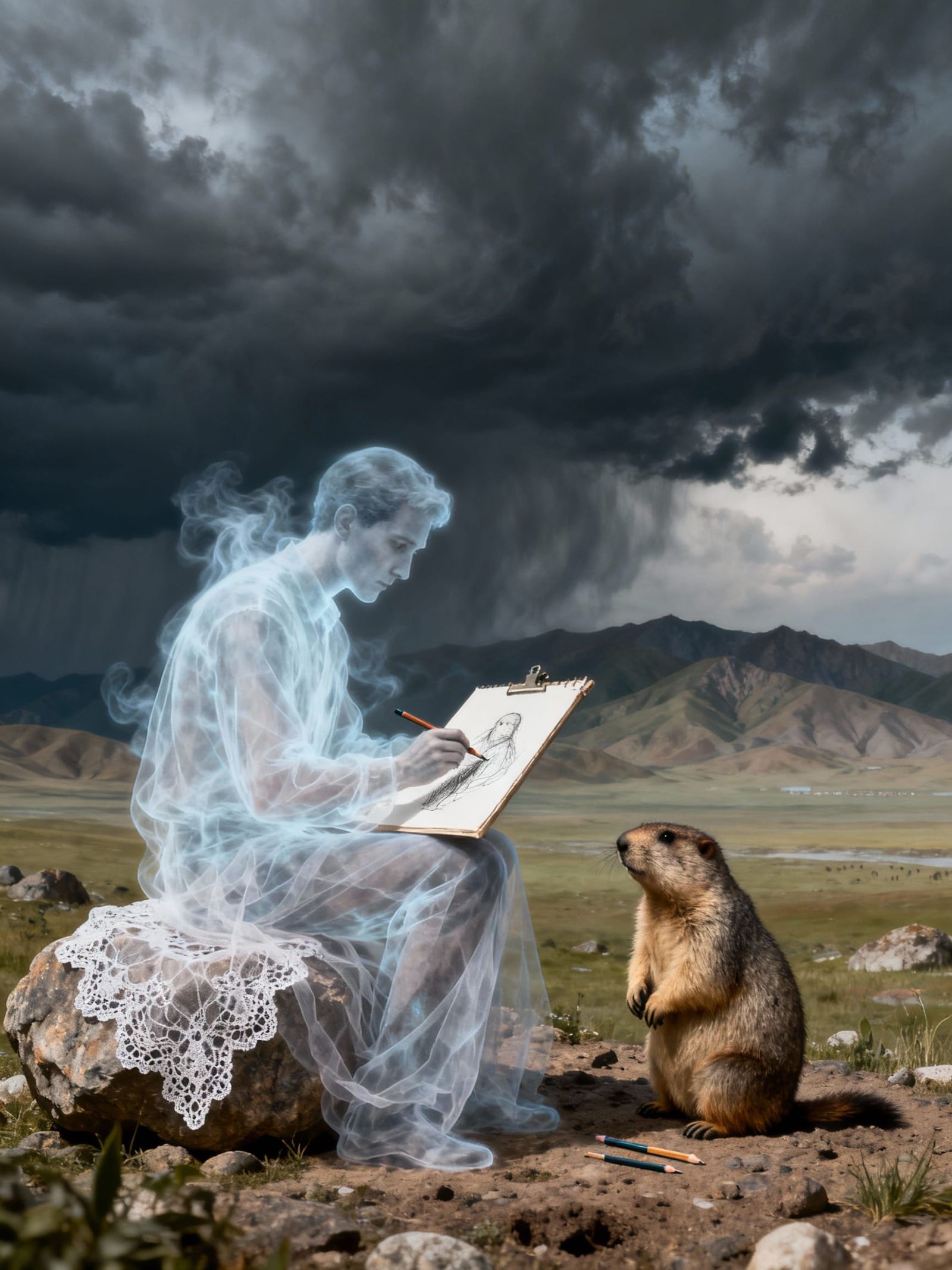 Ghostly Artist Sketches Groundhog in Surreal Kyrgyz Landscap...
