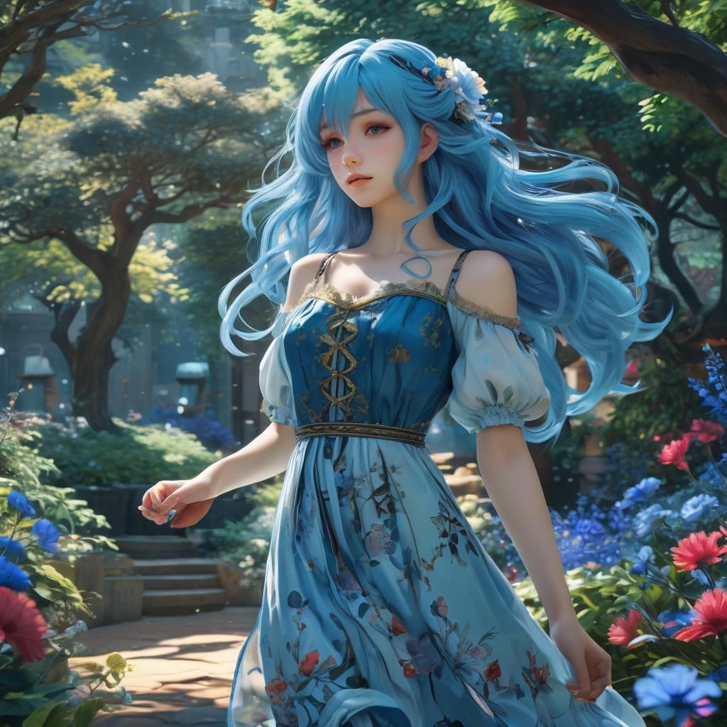 Anime Girl with Blue Hair in Blue Garden