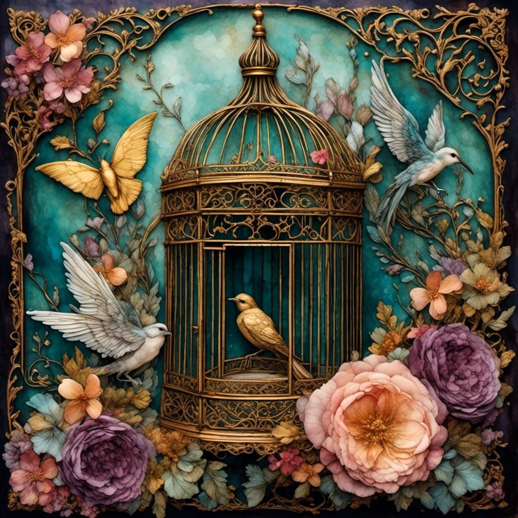 Romantic Mixed Media Collage with Golden Cel-Shading