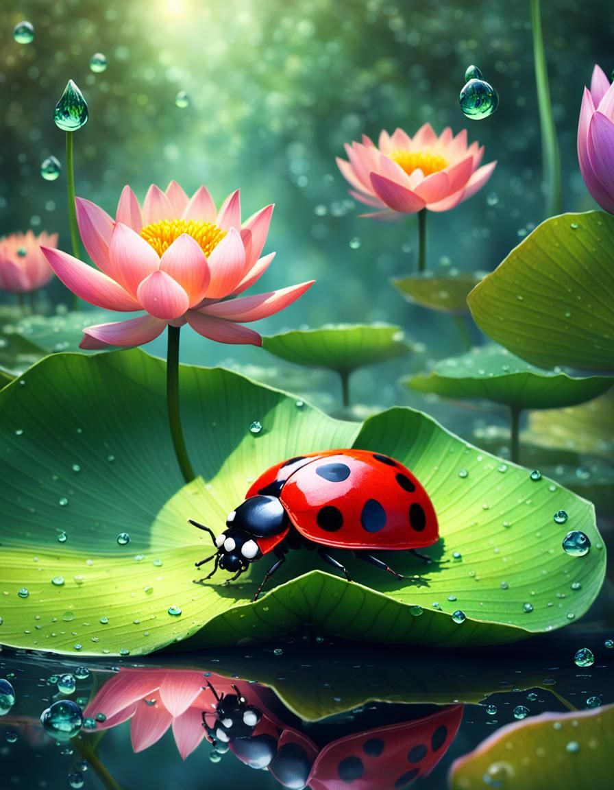 Ladybug on Lotus Flower: Impressionist Digital Painting