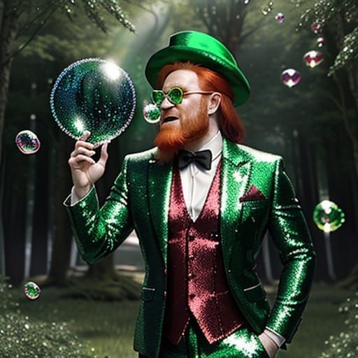 A MAGIC RED HAIRED LEPRECHAUN WEARING A GREEN SEQUIN SUIT. IN A BEAUTIFUL SHINNY, SPARKLING , SEQUIN LANDSCAPE, BLOWING...
